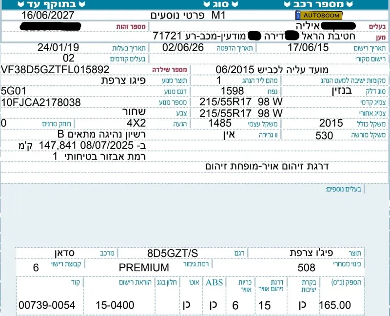 פיג'ו 508 יד 2 רכב, 2015, פרטי