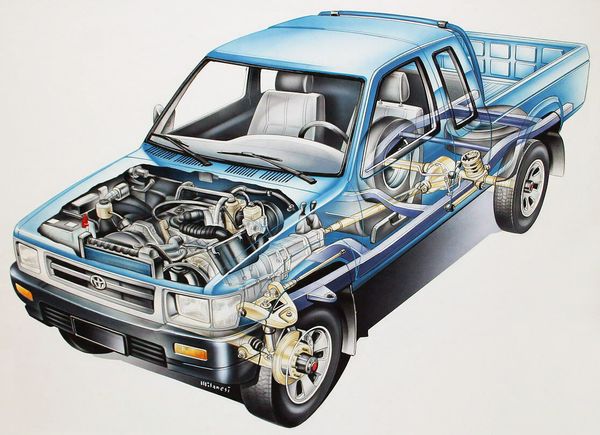 Toyota Hilux 1988. Construction de voiture. 1.5 pick-up, 5 génération